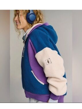 FP Movement by Free People Blue and Cream Sherpa Hoodie with Purple Trim - NWT